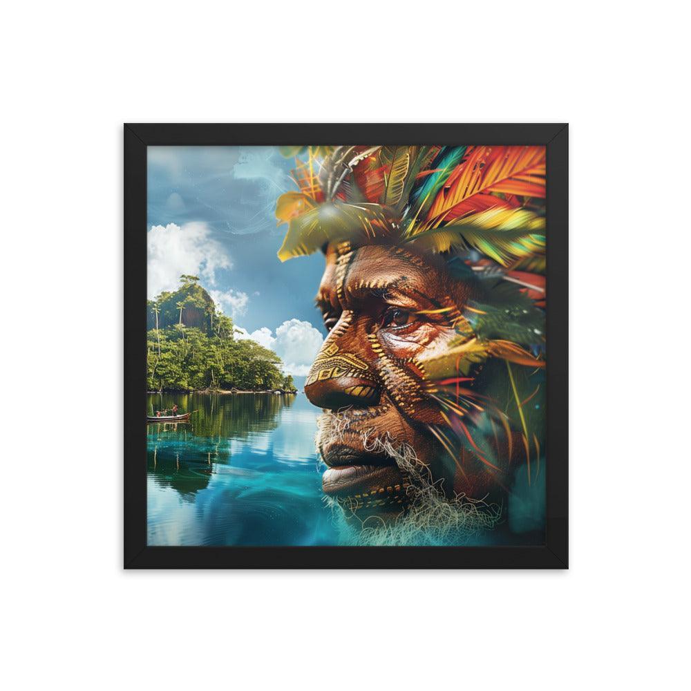 Papua New Guinea Indigenous Portrait and Island Landscape Framed Poster - Oh Posters