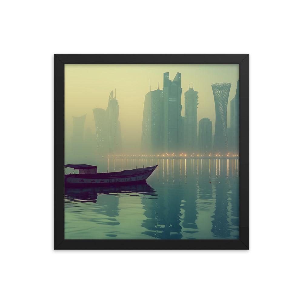 Qatar Foggy City Skyline Reflective Water Framed Poster - Oh Posters