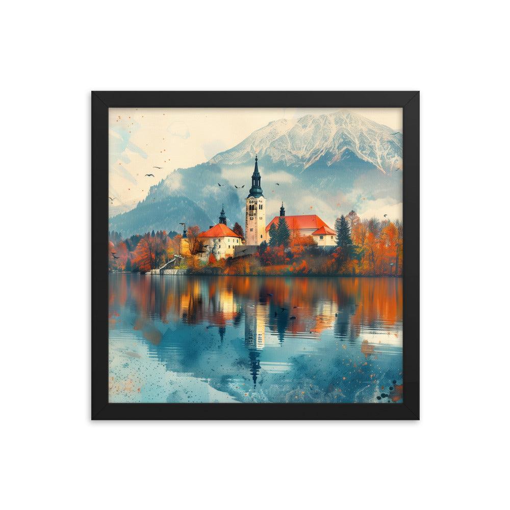 Slovenia Autumn Lakeside Church Reflection Framed Poster - Oh Posters