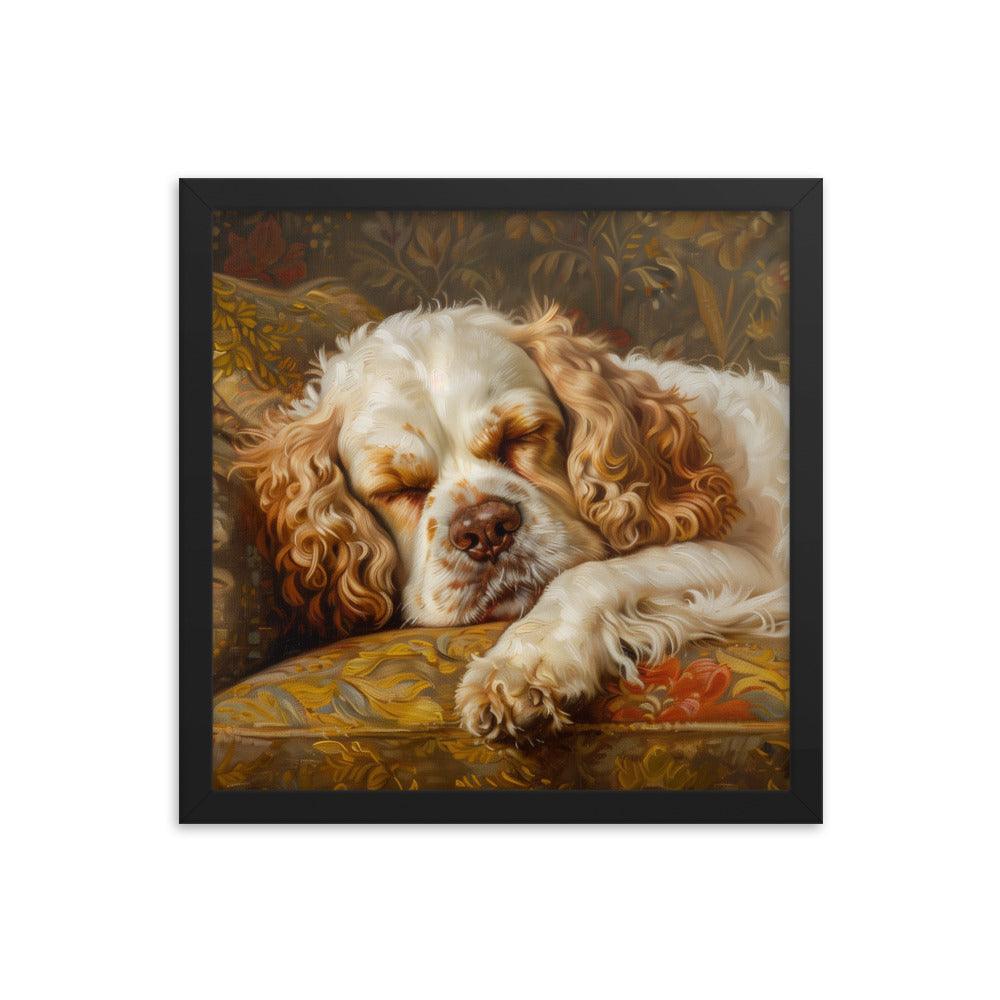 Clumber Spaniel Sleeping on Floral Sofa Painting Framed Poster - Oh Posters