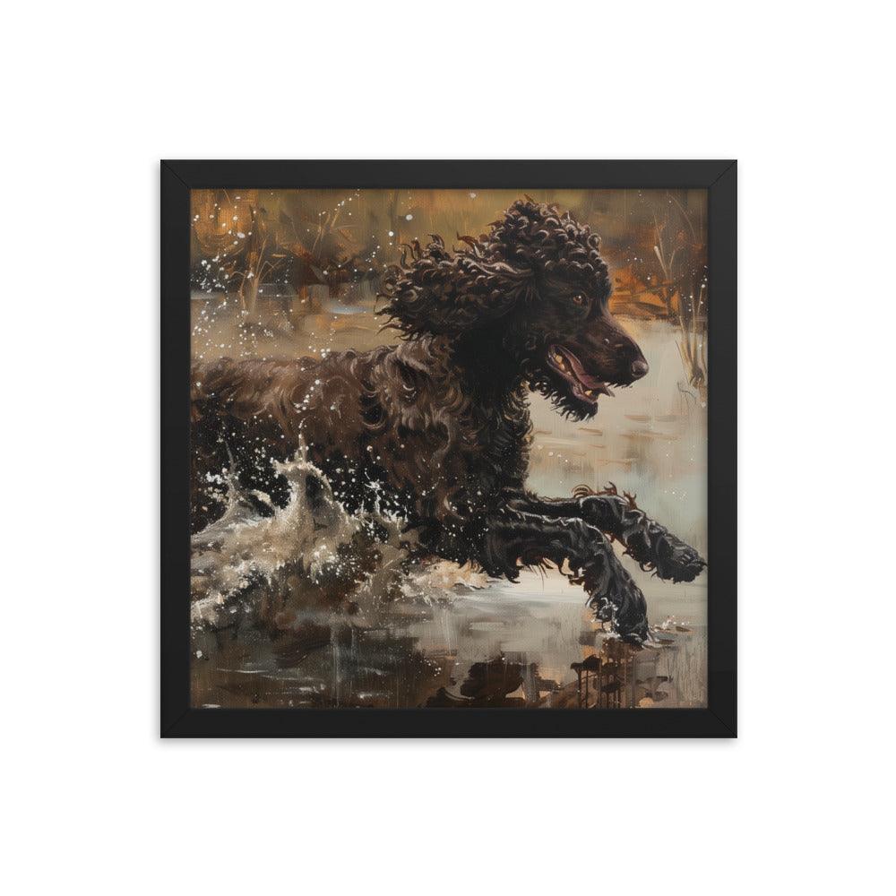 Irish Water Spaniel Splashing in Lake Art Framed Poster - Oh Posters