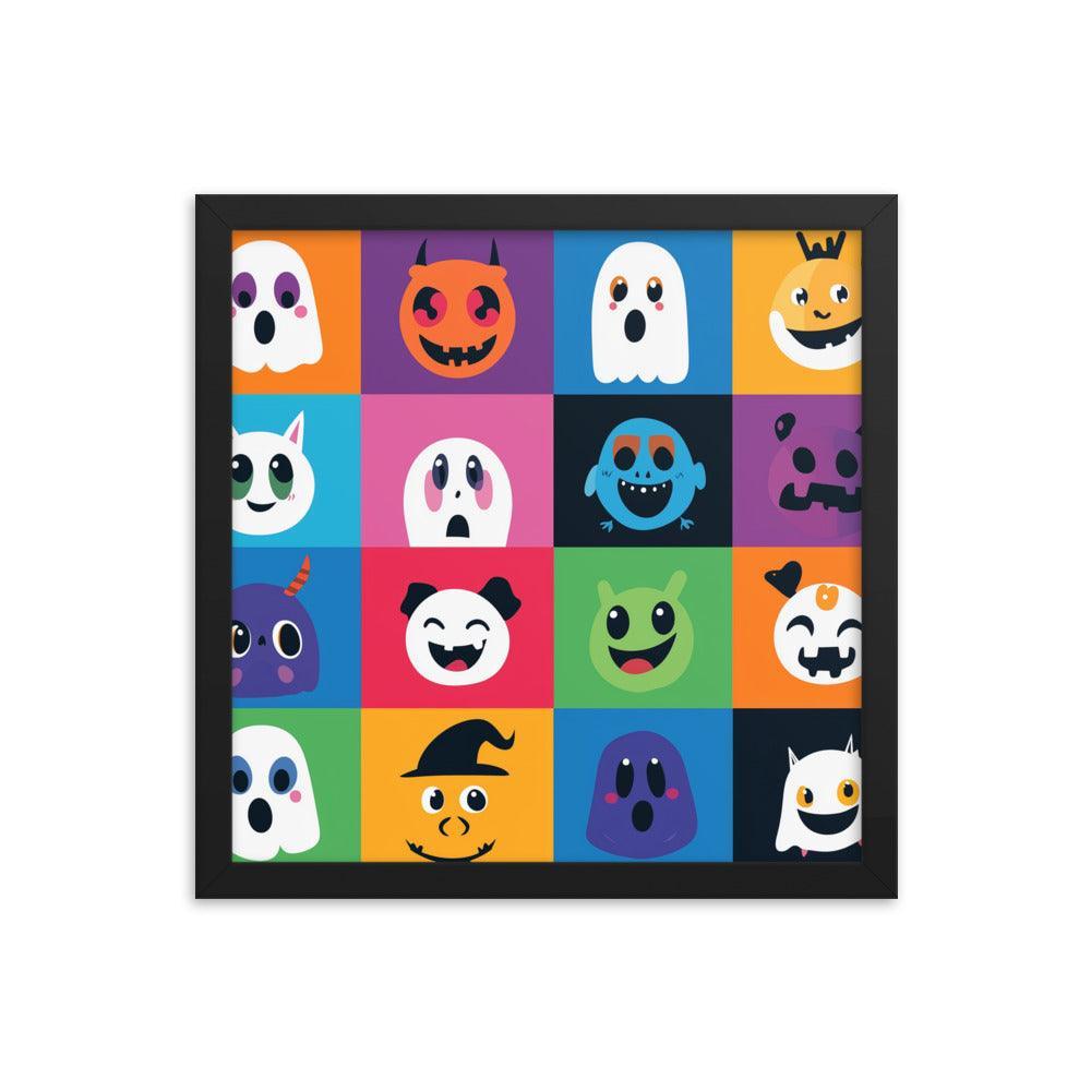 Cheerful Halloween Ghosts and Pumpkins Cartoon Faces Framed Poster - Oh Posters