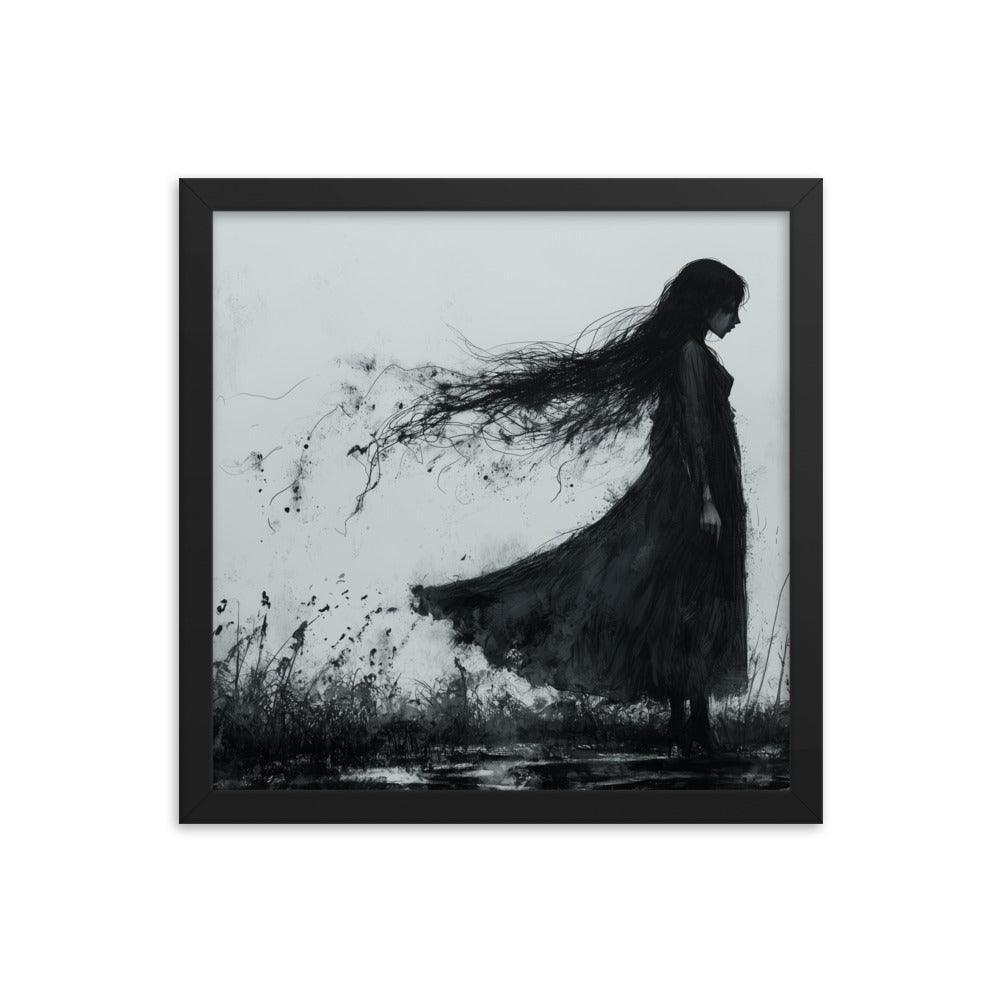 Dark Silhouette Woman in Gloomy Field Ink Illustration Framed Poster - Oh Posters