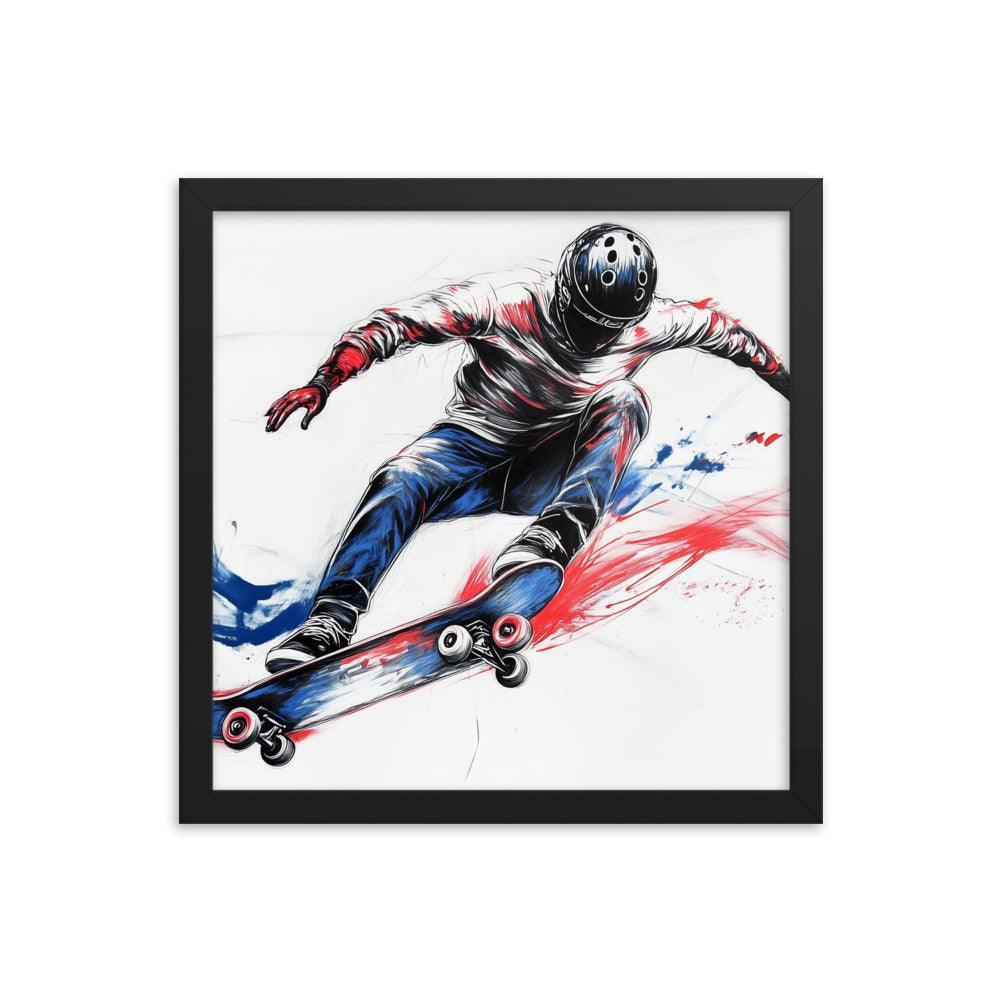 High-Energy Skateboarder with Helmet Abstract Sketch Framed Poster - Oh Posters