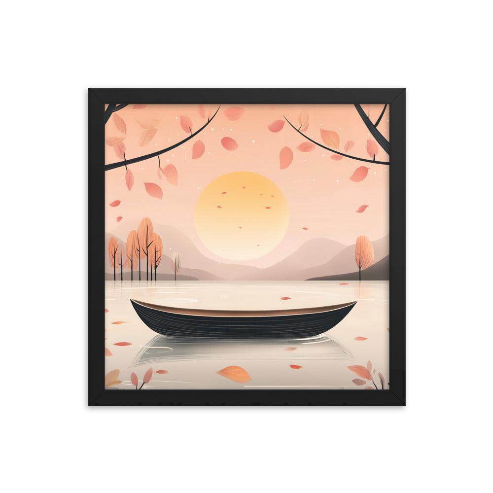 Peaceful Autumn Lake Scene with Soft Sunset and Falling Leaves Framed Poster - Oh Posters