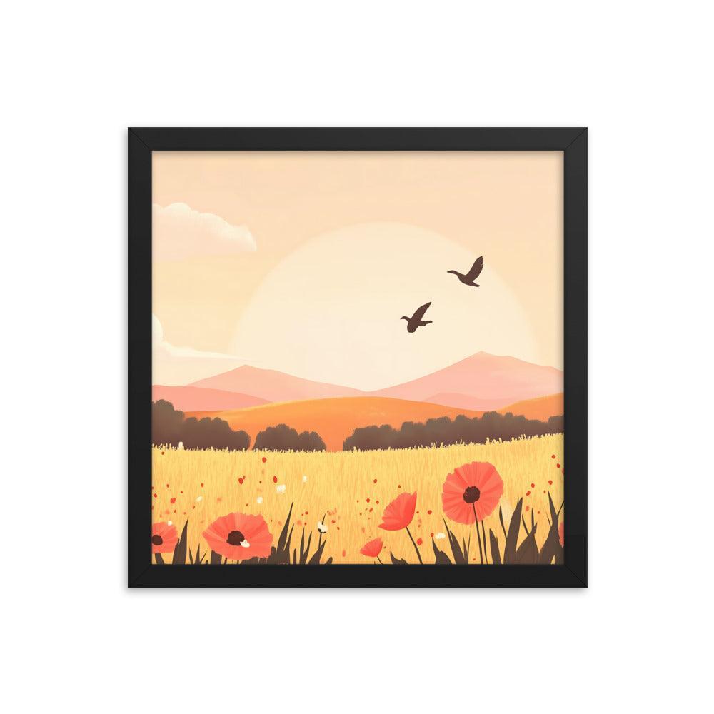 Sunset Field with Poppies and Birds in Pastel Landscape Framed Poster - Oh Posters