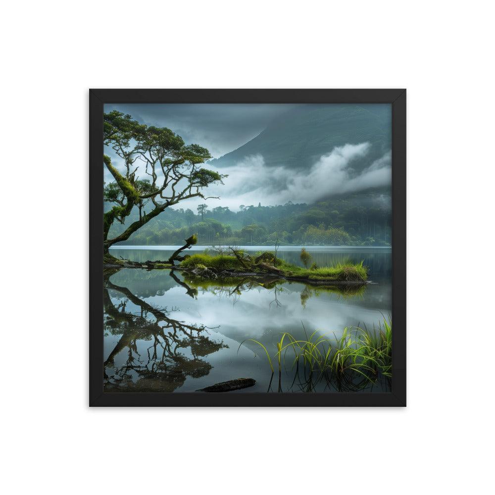 Indonesia Serene Lake Misty Mountains Framed Poster - Oh Posters