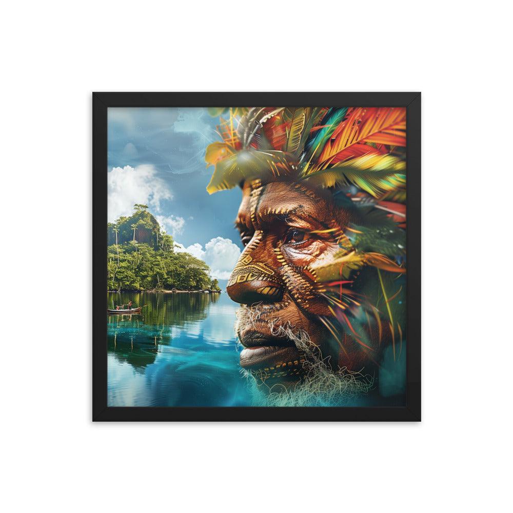 Papua New Guinea Indigenous Portrait and Island Landscape Framed Poster - Oh Posters