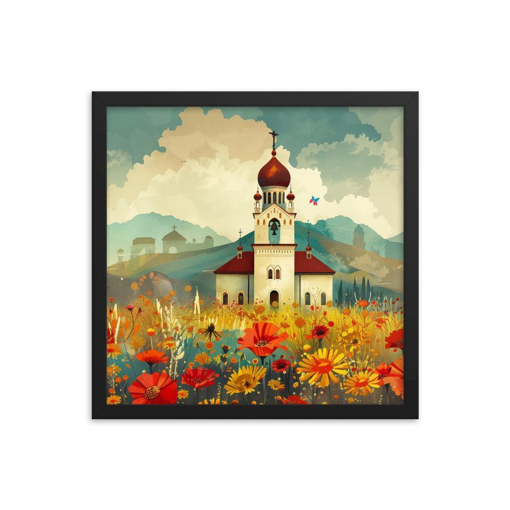 Romania Mountain Church Field of Flowers Framed Poster - Oh Posters