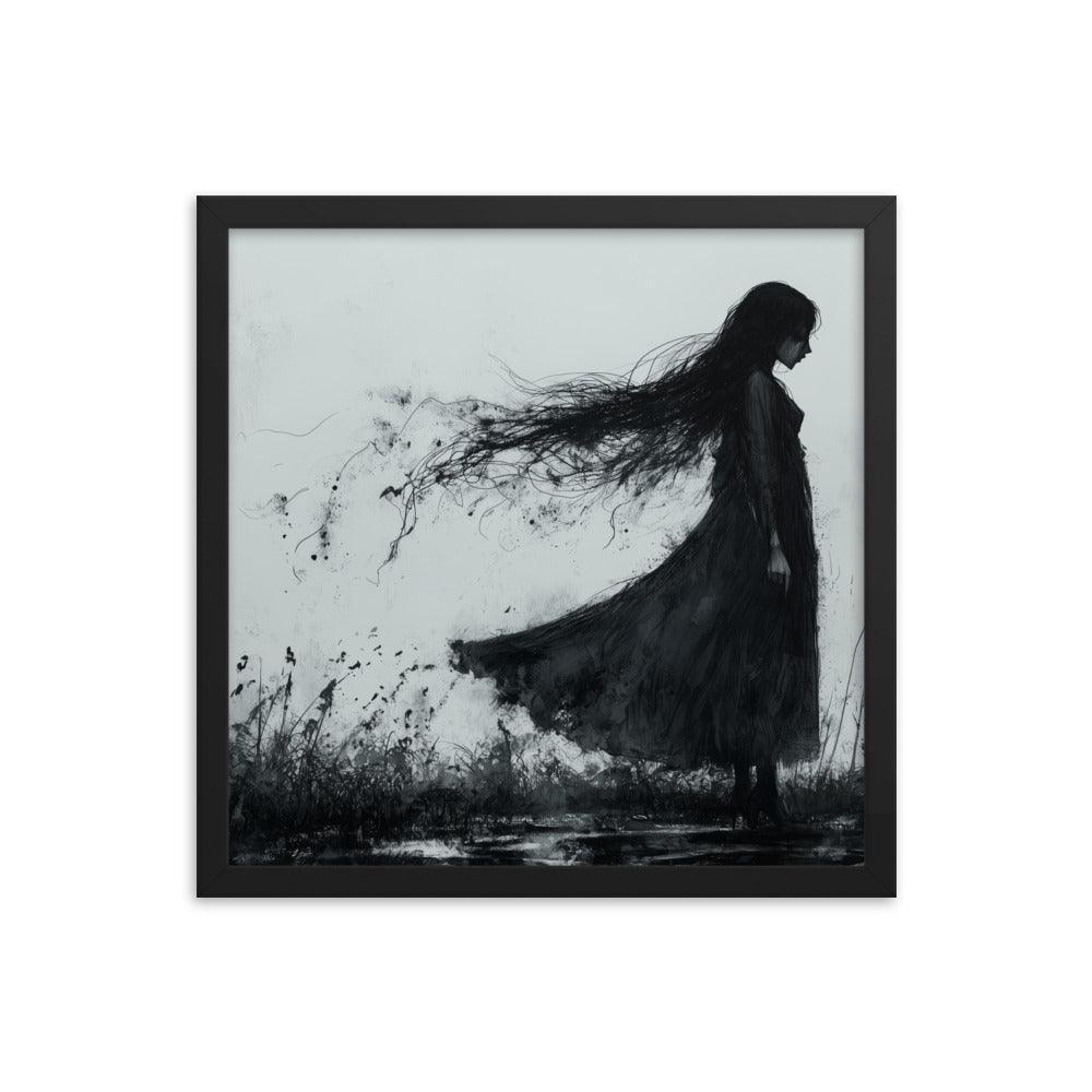 Dark Silhouette Woman in Gloomy Field Ink Illustration Framed Poster - Oh Posters