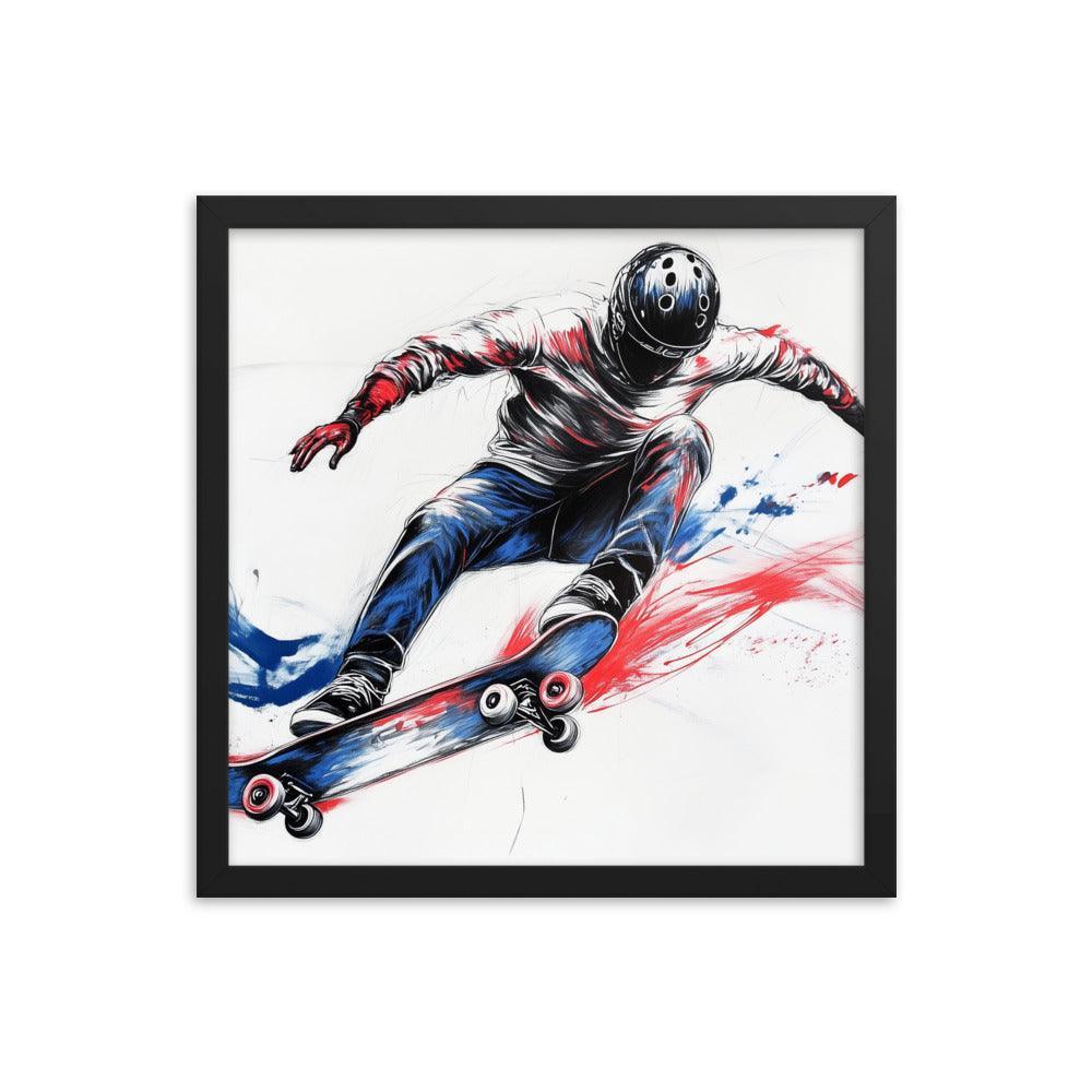 High-Energy Skateboarder with Helmet Abstract Sketch Framed Poster - Oh Posters