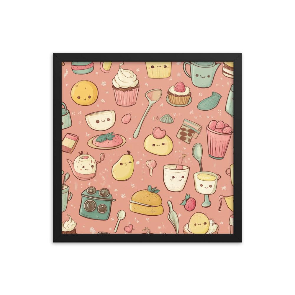 Kawaii Food and Kitchen Utensils Cute Doodle Pattern Framed Poster - Oh Posters