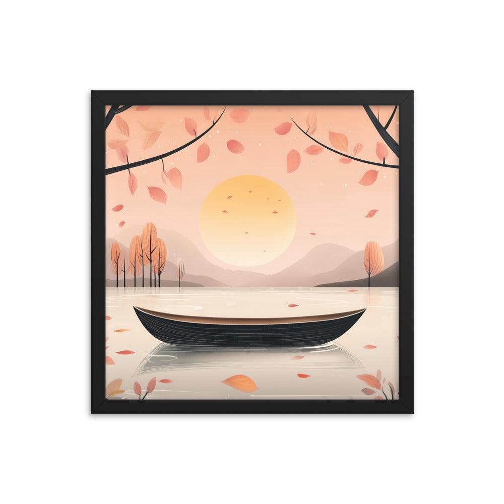 Peaceful Autumn Lake Scene with Soft Sunset and Falling Leaves Framed Poster - Oh Posters