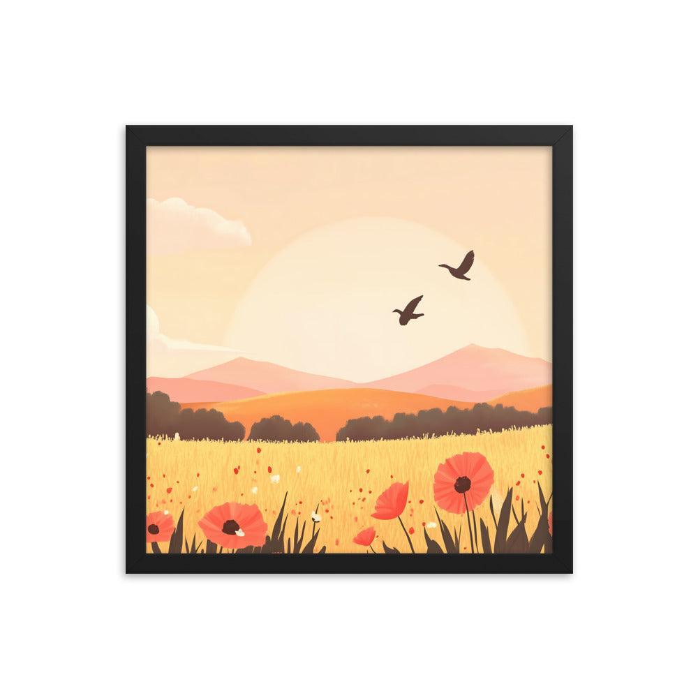 Sunset Field with Poppies and Birds in Pastel Landscape Framed Poster - Oh Posters