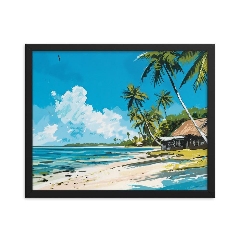 Kiribati Tropical Beach Hut Illustration Framed Poster - Oh Posters