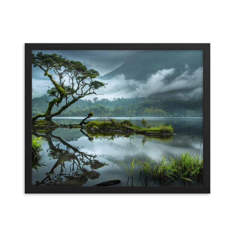 Indonesia Serene Lake Misty Mountains Framed Poster - Oh Posters