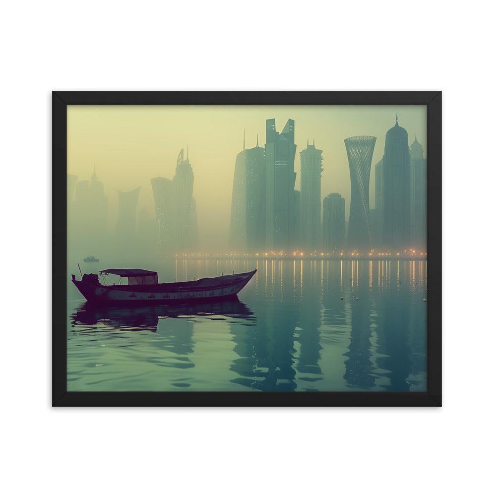 Qatar Foggy City Skyline Reflective Water Framed Poster - Oh Posters