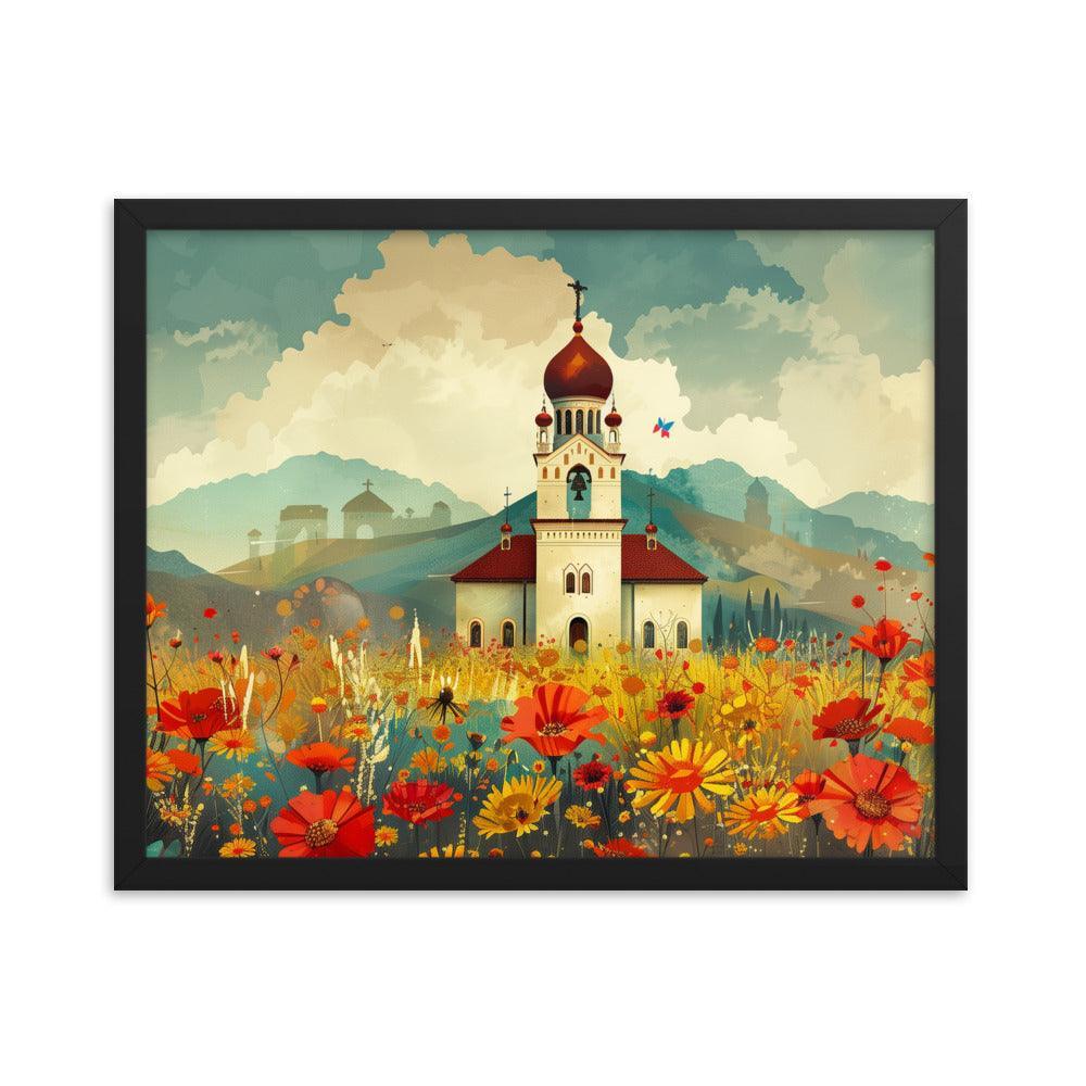 Romania Mountain Church Field of Flowers Framed Poster - Oh Posters