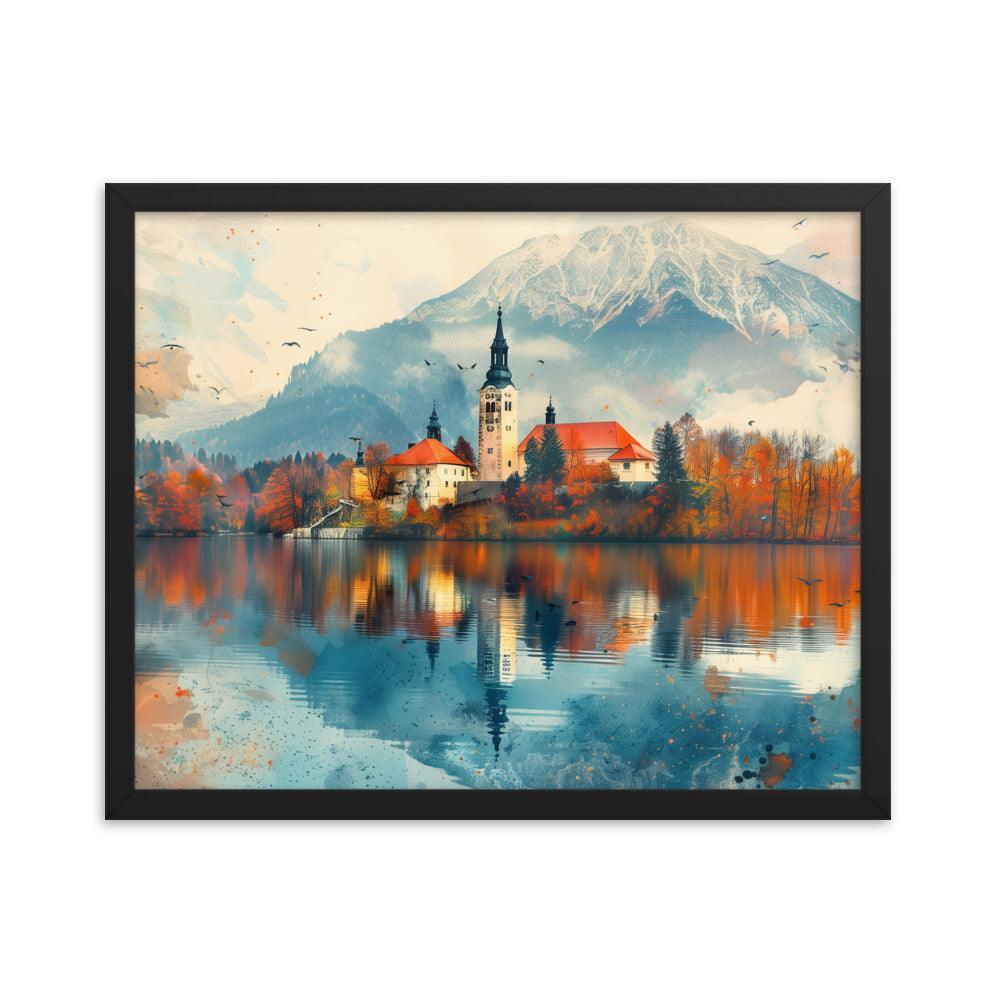 Slovenia Autumn Lakeside Church Reflection Framed Poster - Oh Posters
