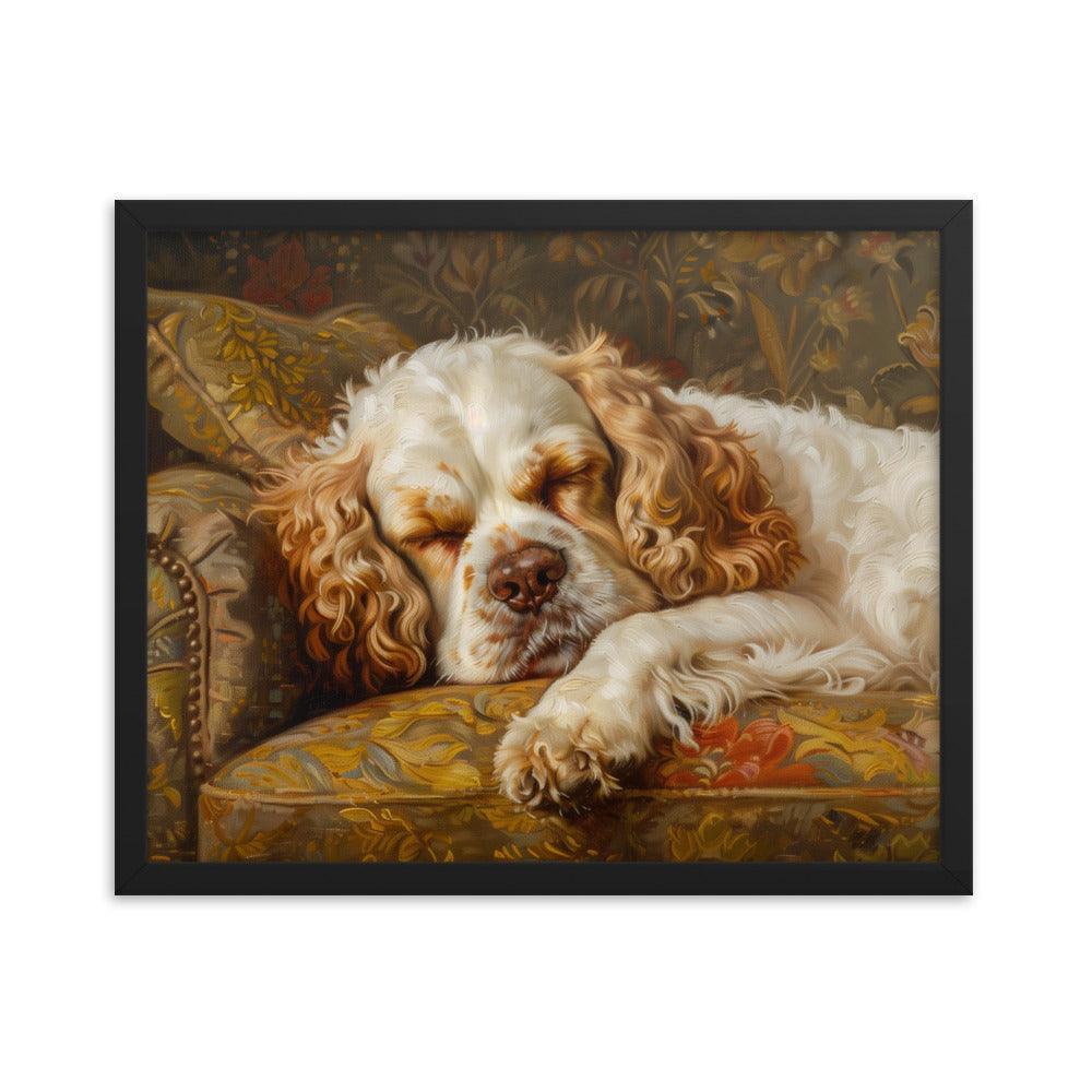 Clumber Spaniel Sleeping on Floral Sofa Painting Framed Poster - Oh Posters