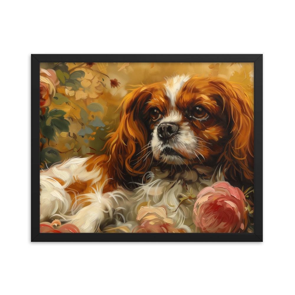 English Toy Spaniel Lying Among Roses Painting Framed Poster - Oh Posters