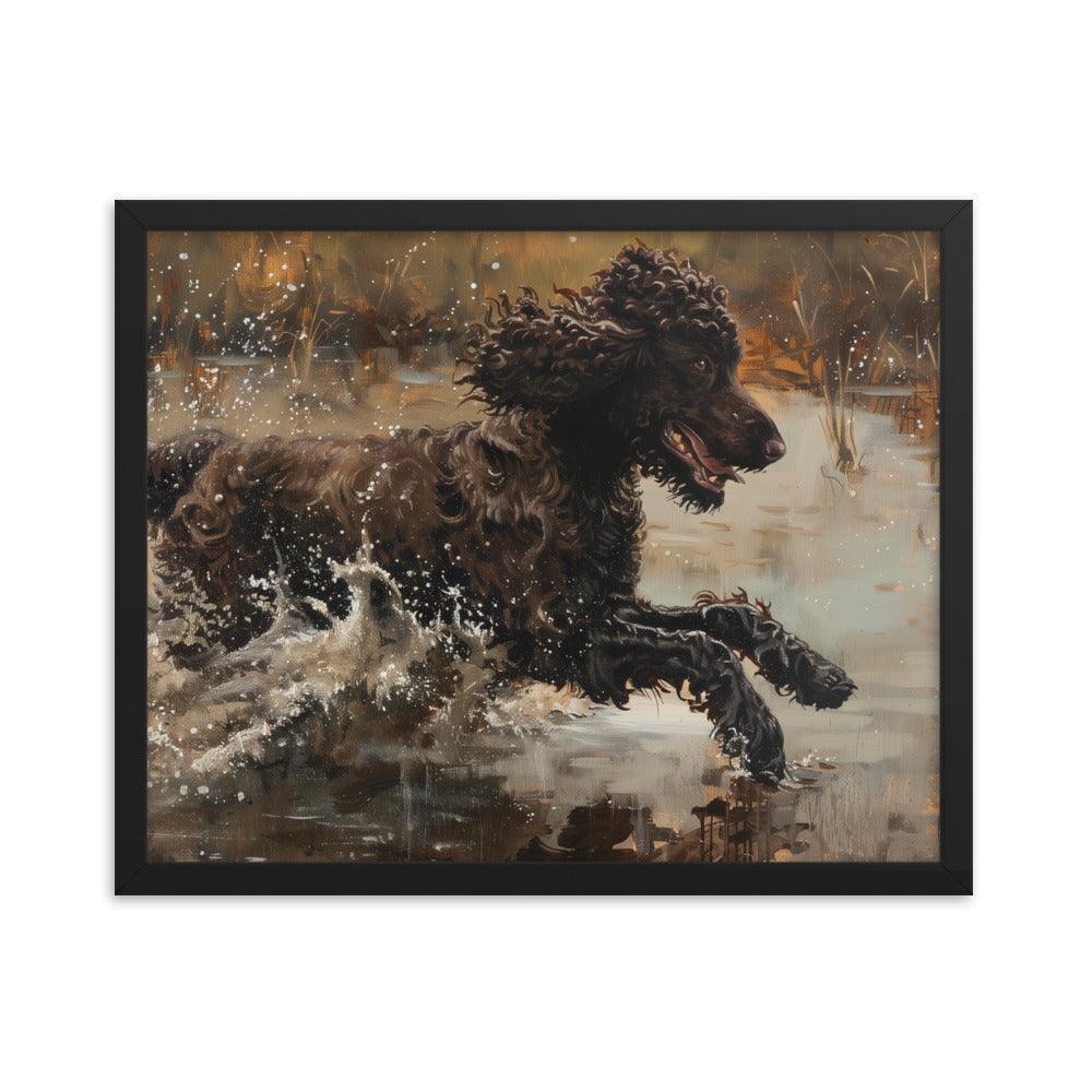 Irish Water Spaniel Splashing in Lake Art Framed Poster - Oh Posters