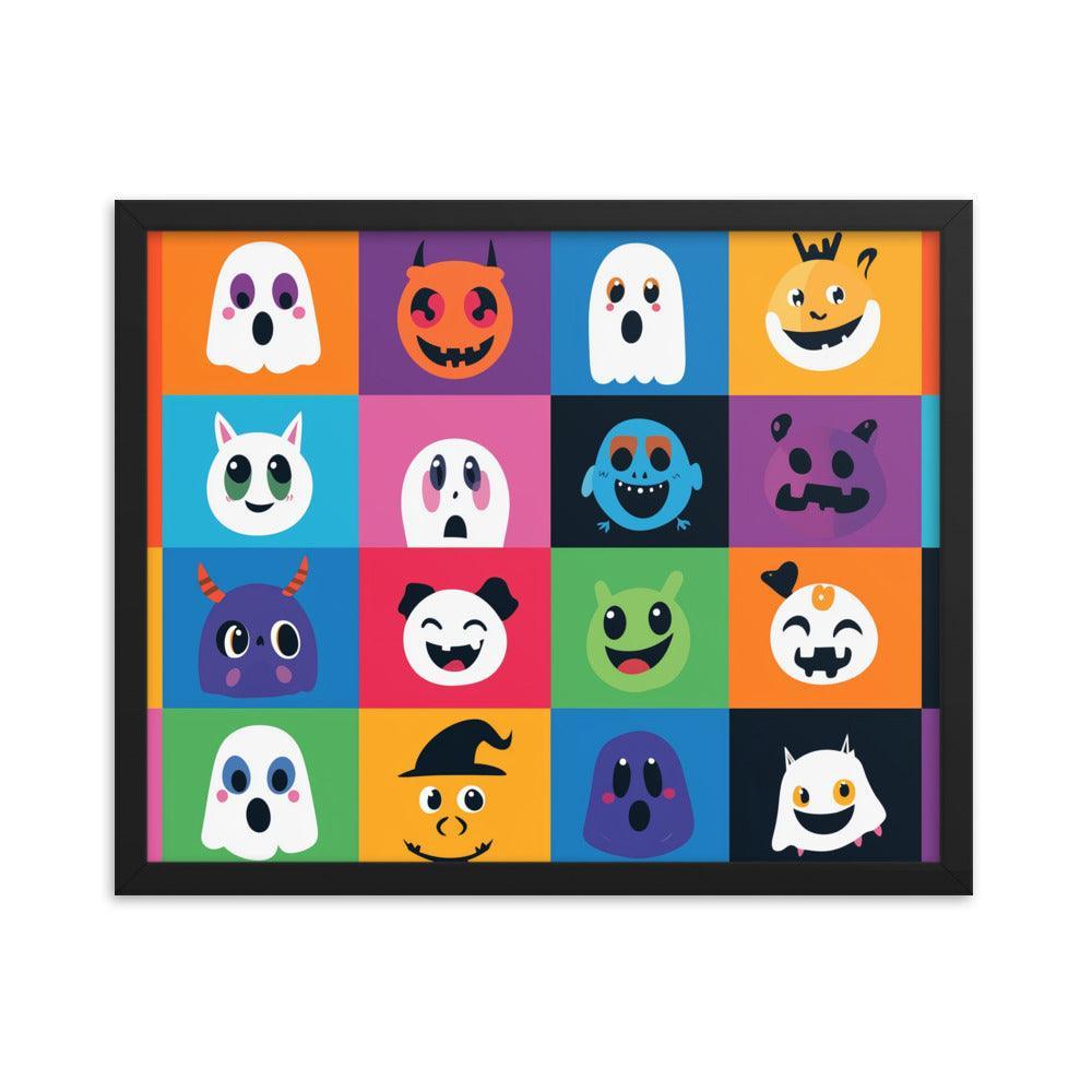 Cheerful Halloween Ghosts and Pumpkins Cartoon Faces Framed Poster - Oh Posters