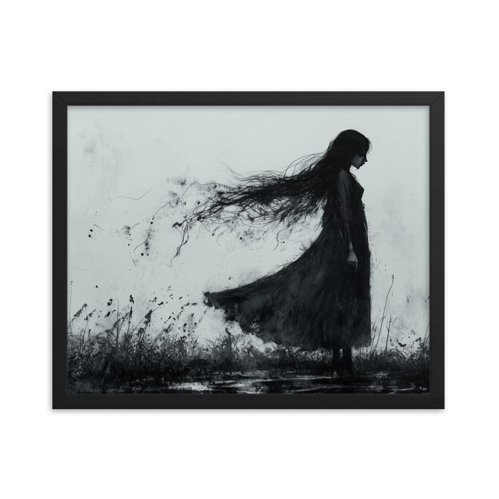 Dark Silhouette Woman in Gloomy Field Ink Illustration Framed Poster - Oh Posters