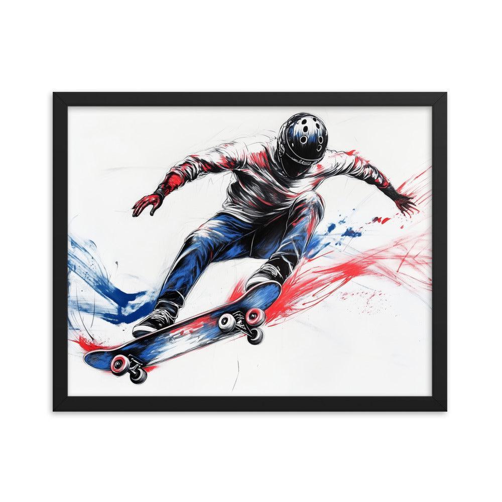 High-Energy Skateboarder with Helmet Abstract Sketch Framed Poster - Oh Posters