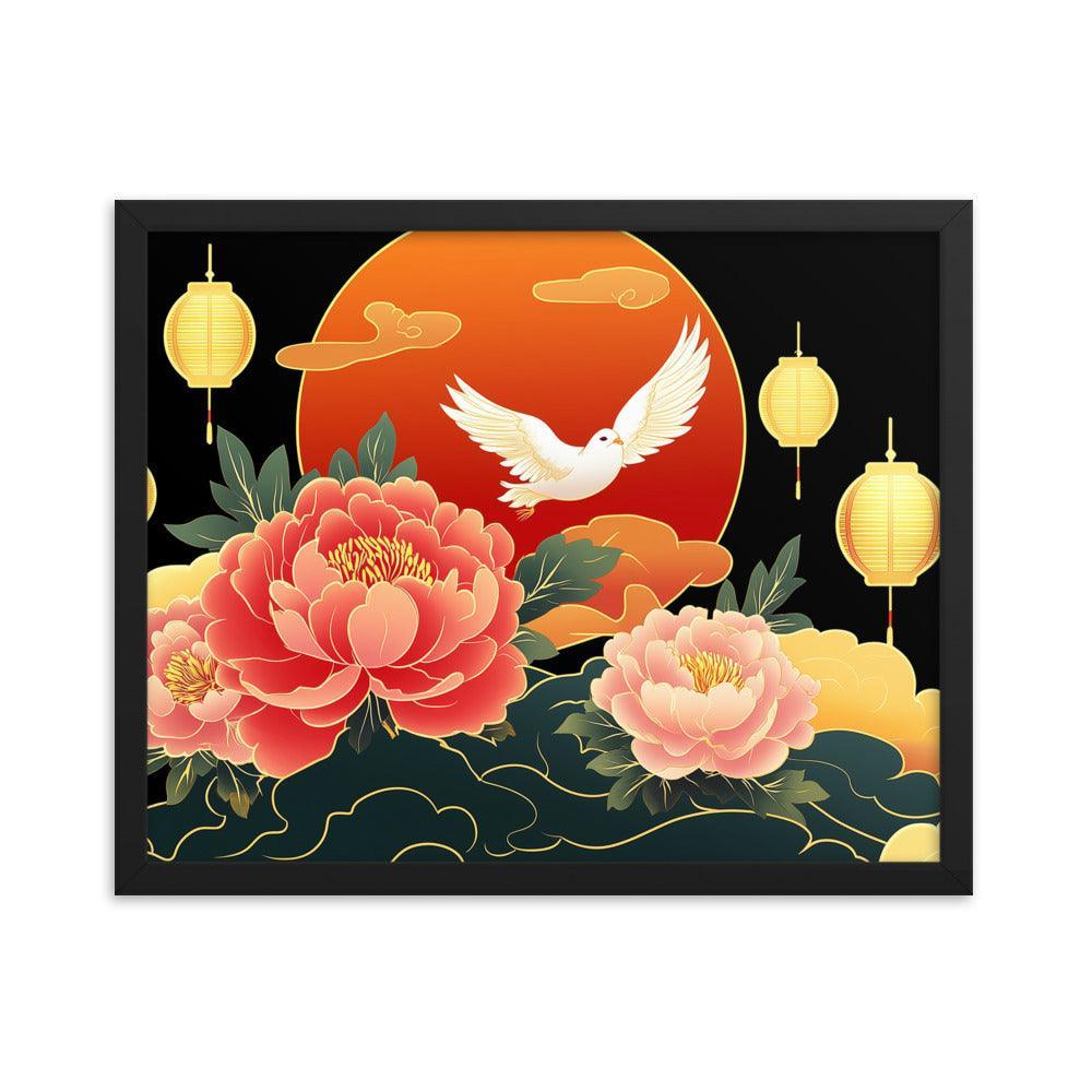 Chinese Traditional Floral Design with Lanterns and Dove Illustration Framed Poster - Oh Posters