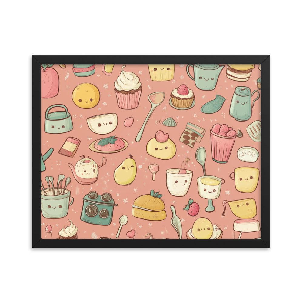 Kawaii Food and Kitchen Utensils Cute Doodle Pattern Framed Poster - Oh Posters