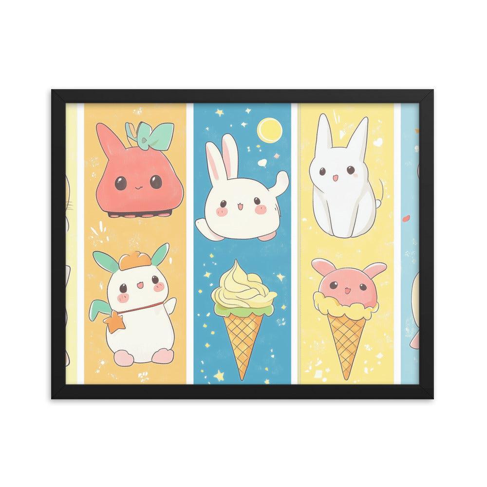 Kawaii Bunnies and Ice Cream Cute Character Strip Digital Art Framed Poster - Oh Posters