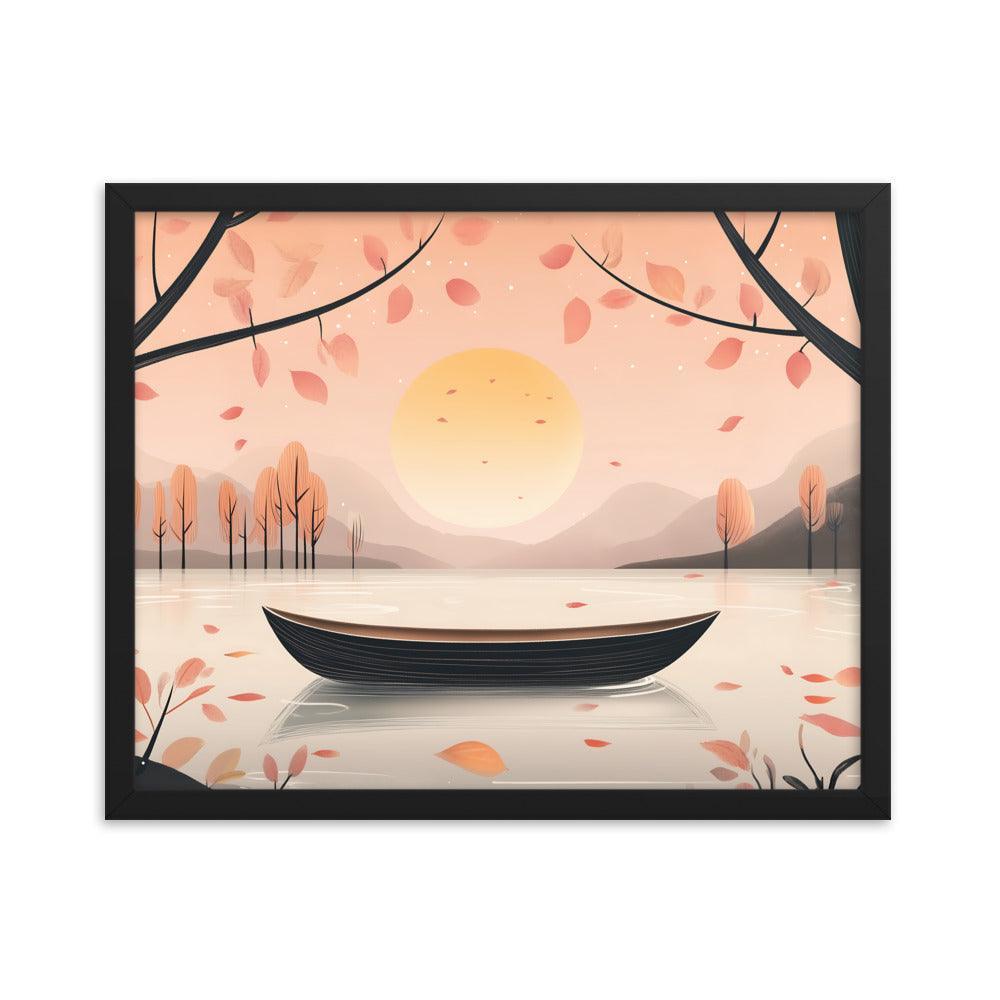 Peaceful Autumn Lake Scene with Soft Sunset and Falling Leaves Framed Poster - Oh Posters