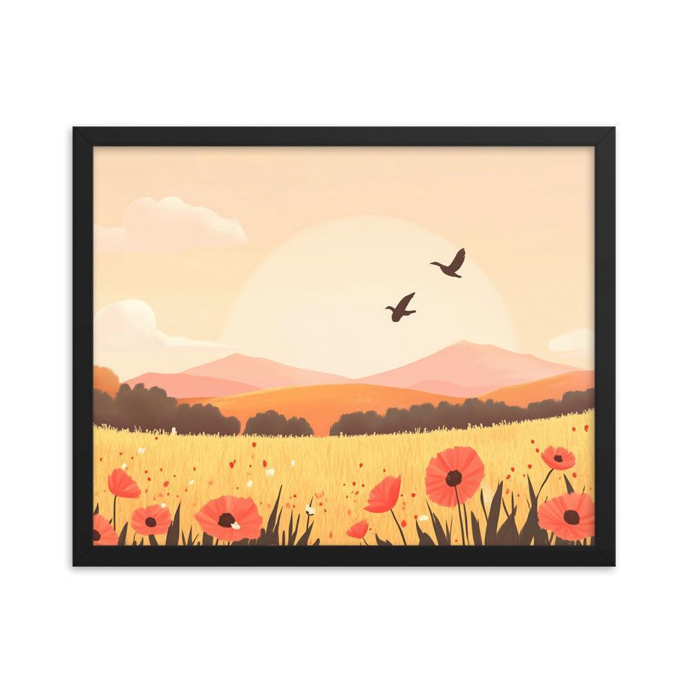 Sunset Field with Poppies and Birds in Pastel Landscape Framed Poster - Oh Posters