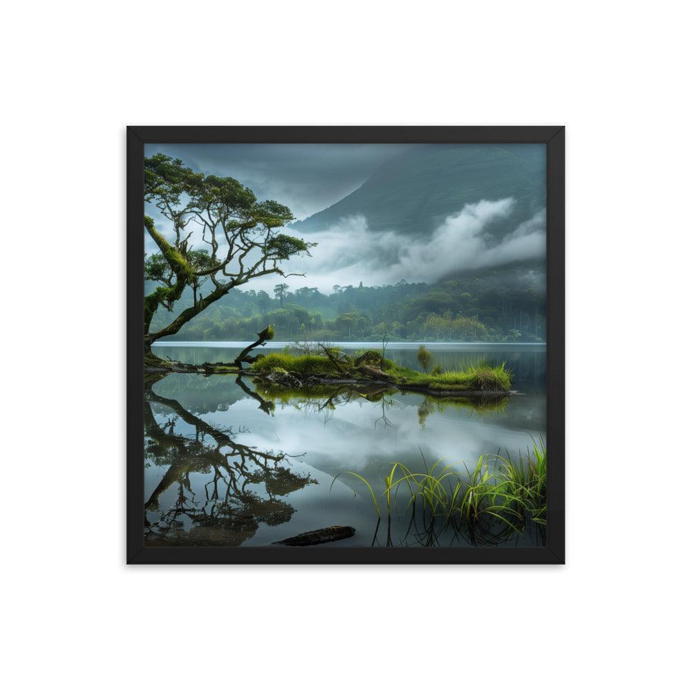 Indonesia Serene Lake Misty Mountains Framed Poster - Oh Posters