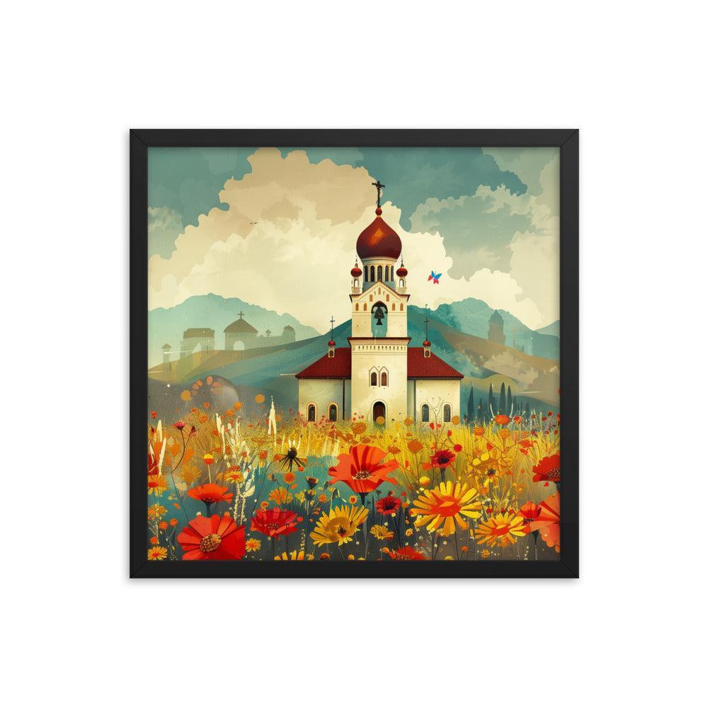 Romania Mountain Church Field of Flowers Framed Poster - Oh Posters