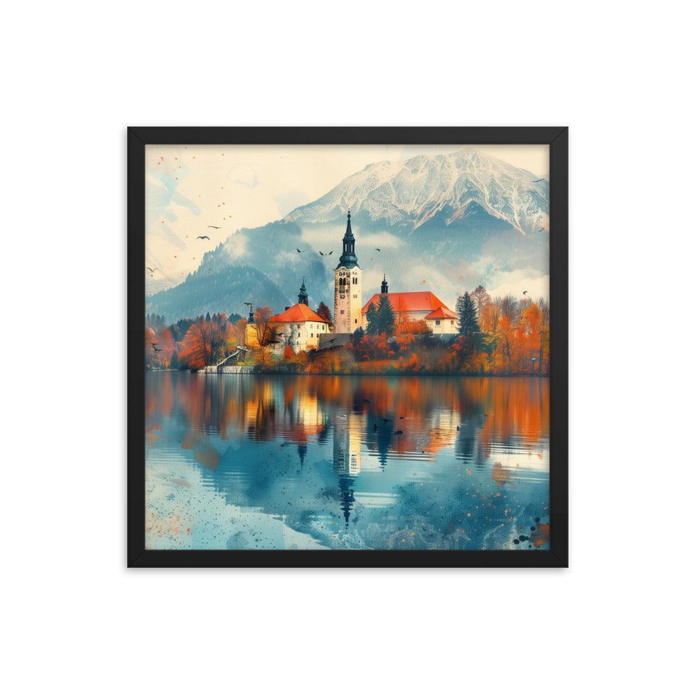 Slovenia Autumn Lakeside Church Reflection Framed Poster - Oh Posters