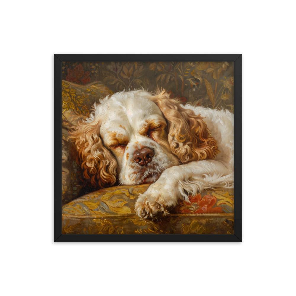 Clumber Spaniel Sleeping on Floral Sofa Painting Framed Poster - Oh Posters