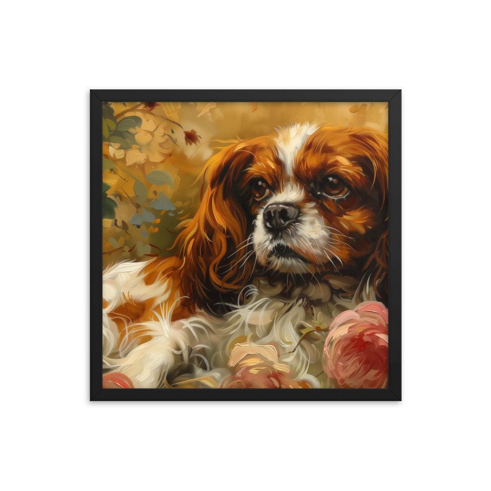 English Toy Spaniel Lying Among Roses Painting Framed Poster - Oh Posters