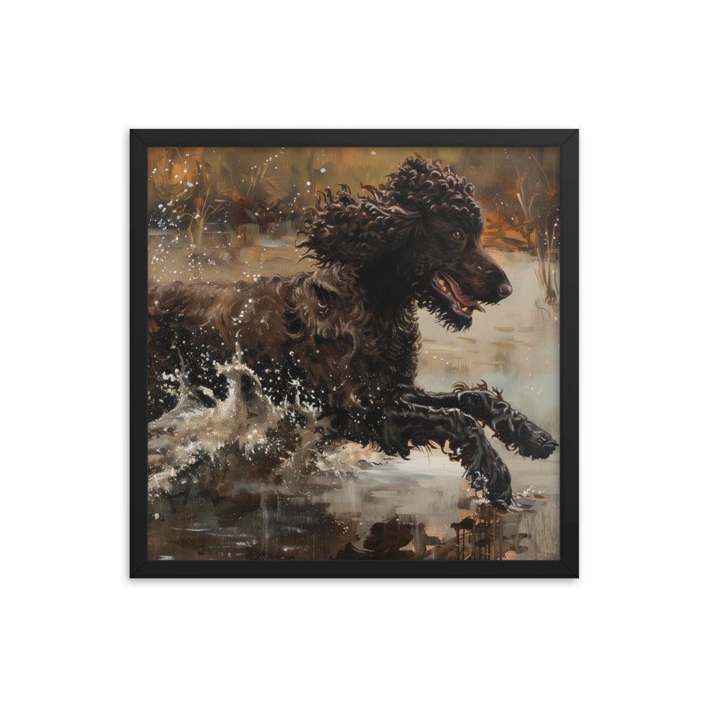 Irish Water Spaniel Splashing in Lake Art Framed Poster - Oh Posters