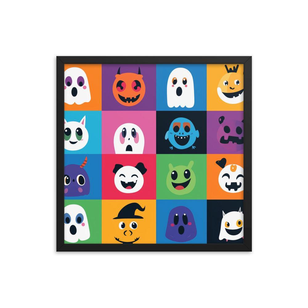 Cheerful Halloween Ghosts and Pumpkins Cartoon Faces Framed Poster - Oh Posters