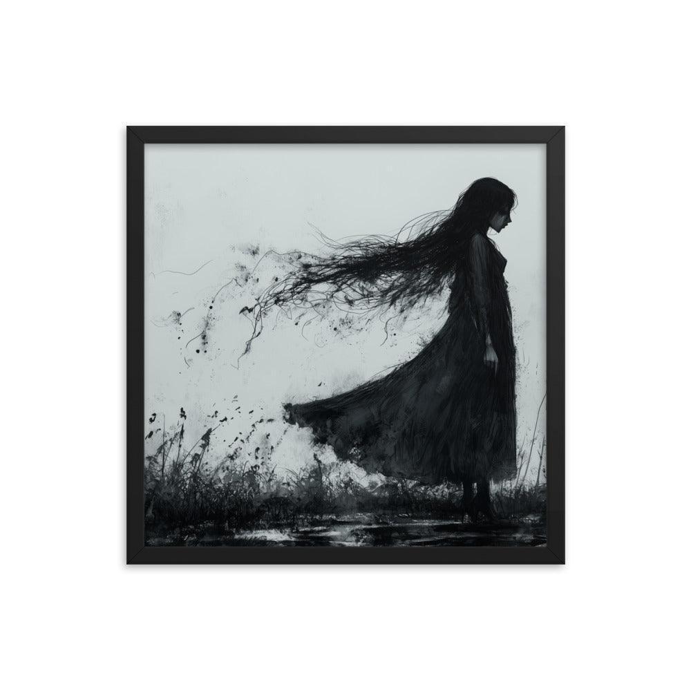 Dark Silhouette Woman in Gloomy Field Ink Illustration Framed Poster - Oh Posters