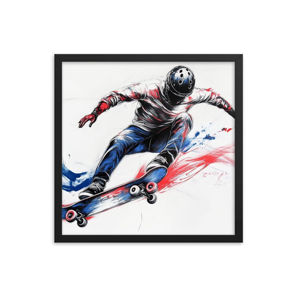 High-Energy Skateboarder with Helmet Abstract Sketch Framed Poster - Oh Posters