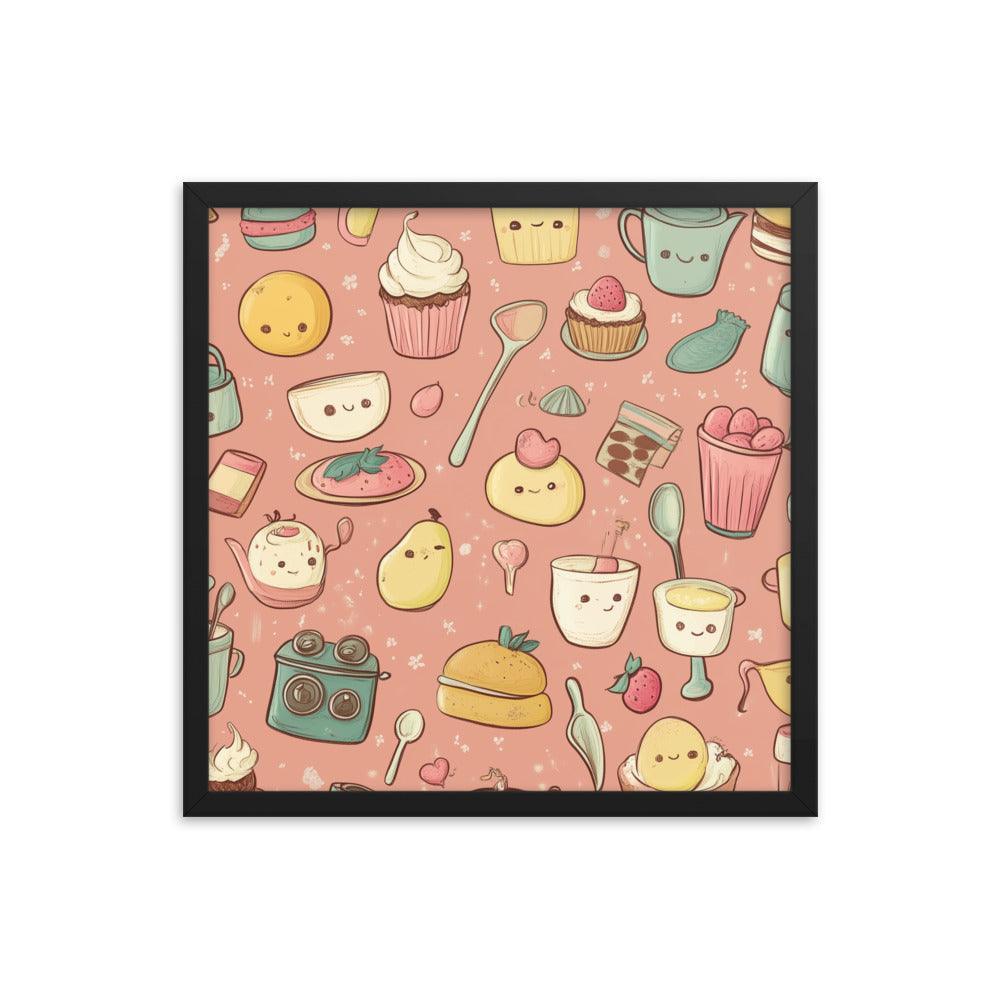 Kawaii Food and Kitchen Utensils Cute Doodle Pattern Framed Poster - Oh Posters