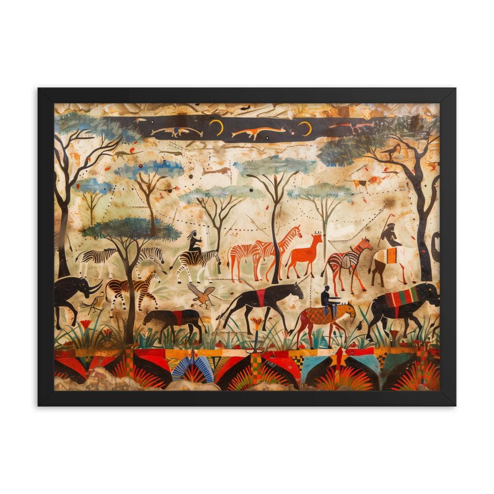 Kenya Wildlife and Tribal Art Illustration Framed Poster - Oh Posters