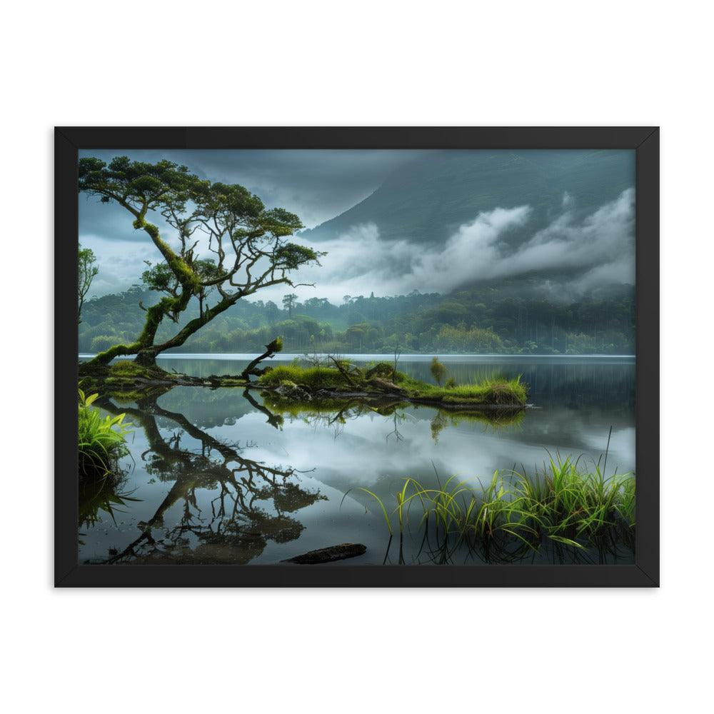 Indonesia Serene Lake Misty Mountains Framed Poster - Oh Posters