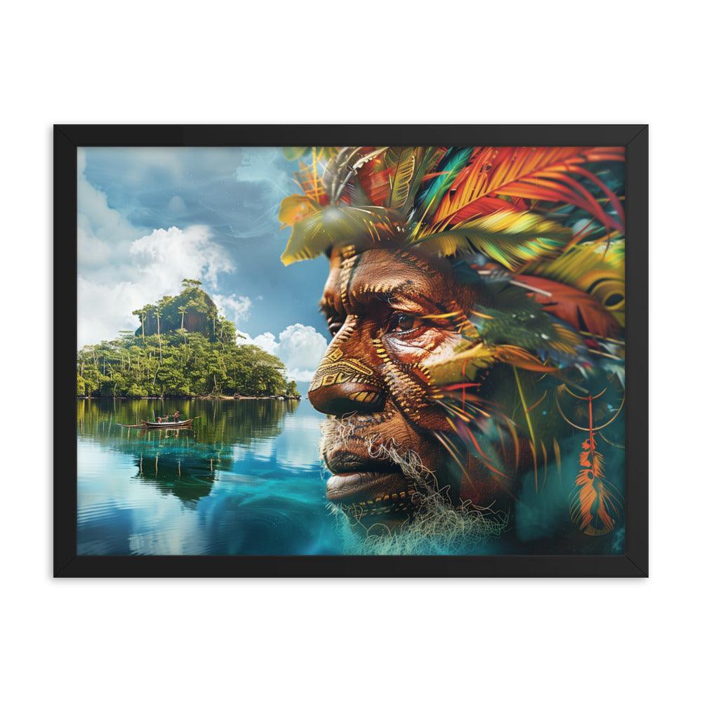 Papua New Guinea Indigenous Portrait and Island Landscape Framed Poster - Oh Posters