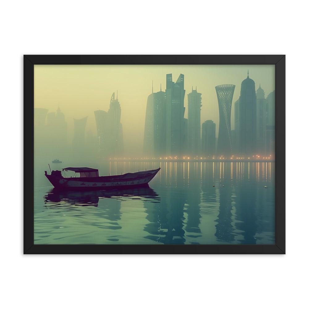 Qatar Foggy City Skyline Reflective Water Framed Poster - Oh Posters