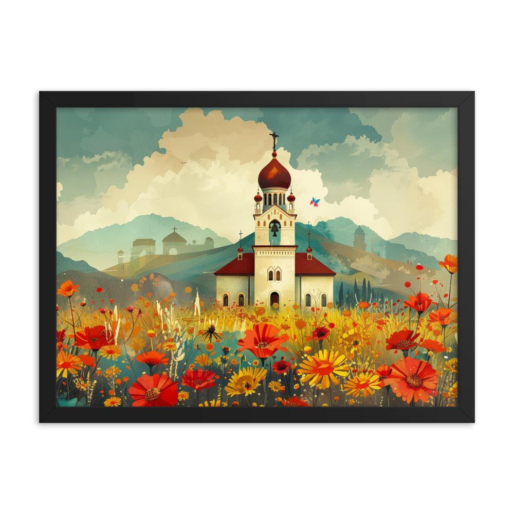 Romania Mountain Church Field of Flowers Framed Poster - Oh Posters