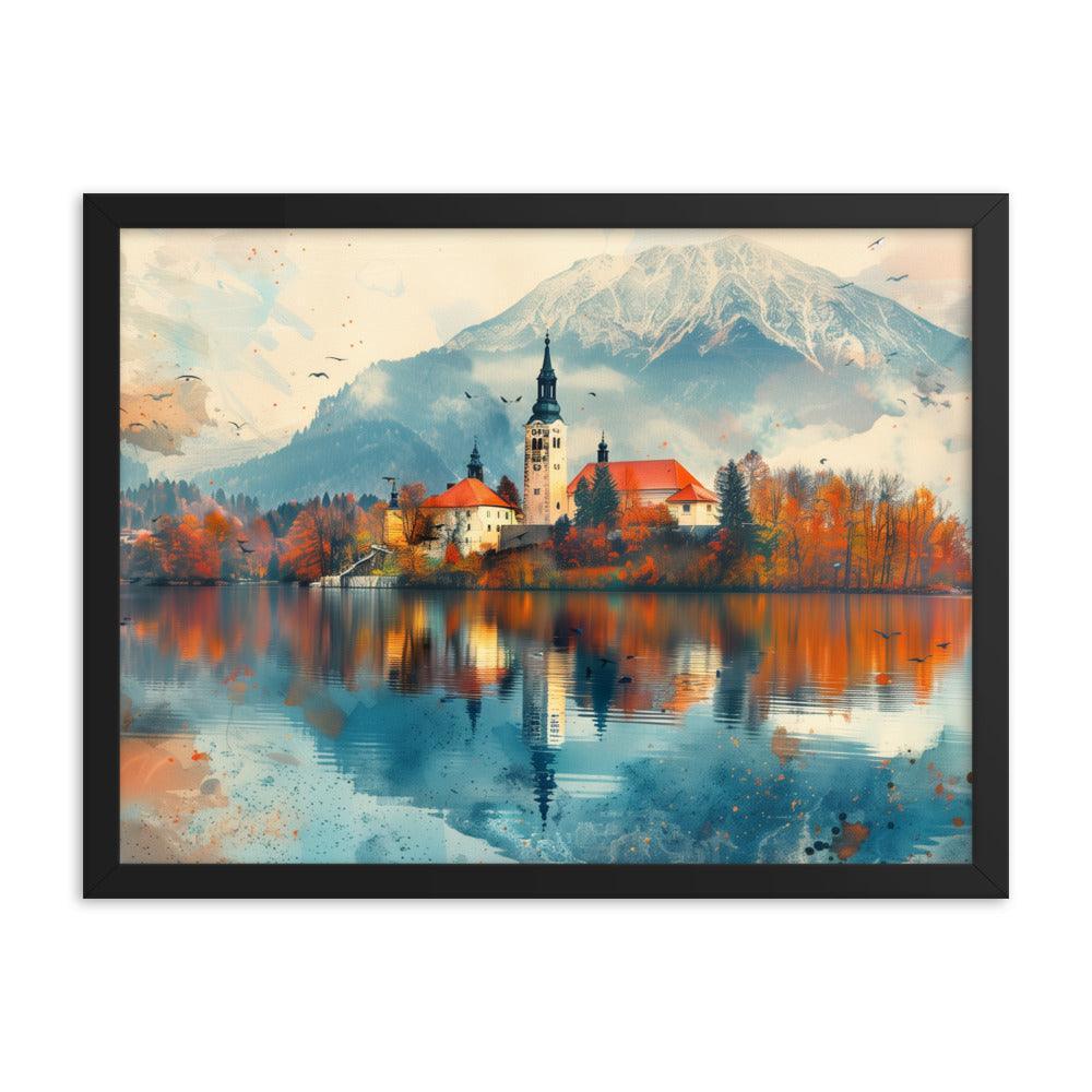 Slovenia Autumn Lakeside Church Reflection Framed Poster - Oh Posters